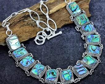 Abalone Shell Vintage Silver Halsband, Naturlig Snäckskal Oval Ädelsten, Regnbågs Abalone Statement Halsband Smycken Present till Flickvän