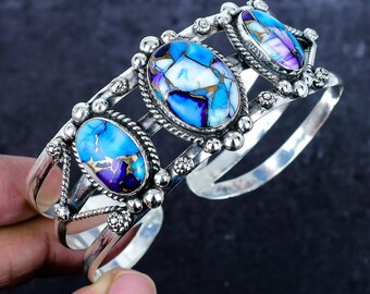 ターコイズジェムストーンシルバーカフブレスレット：南西部スタイルの