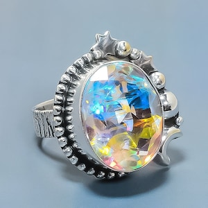 Rainbow Topaz Ring, Aurora Mystic Topaz Silver Plated Ring, Promise Ring, Angel Aura Quartz Big Ring, Designer Ring, Engagement Ring for Her