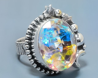 Aurora Mystic Topaz Ring: Silver Plated Designer Ring