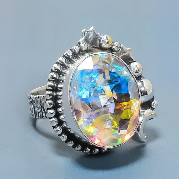 Aurora Mystic Topaz Ring Rainbow Topaz Sterling Silver Ring 