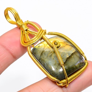 Yellow Fire Labradorite Pendant, Gold Plated Wire Wrapped Gemstone Pendant, Healing Stone Pendant Gift For Her, Birthstone Jewelry for Gift