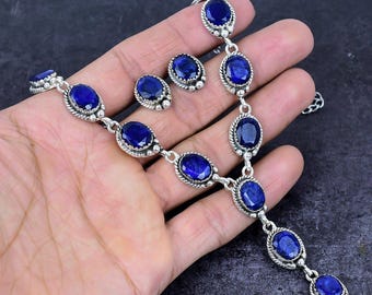 Blue Sapphire Necklace and Earring Set Handmade Silver Plated Gemstone Jewelry