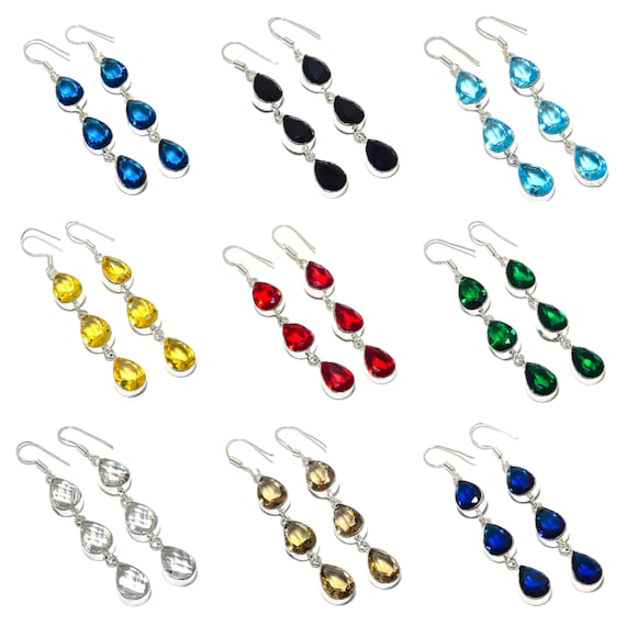 Boucles D'oreilles En Argent Avec Pierres (Iolite, Grenat, Citrine, Topaze Rose, Zircons)