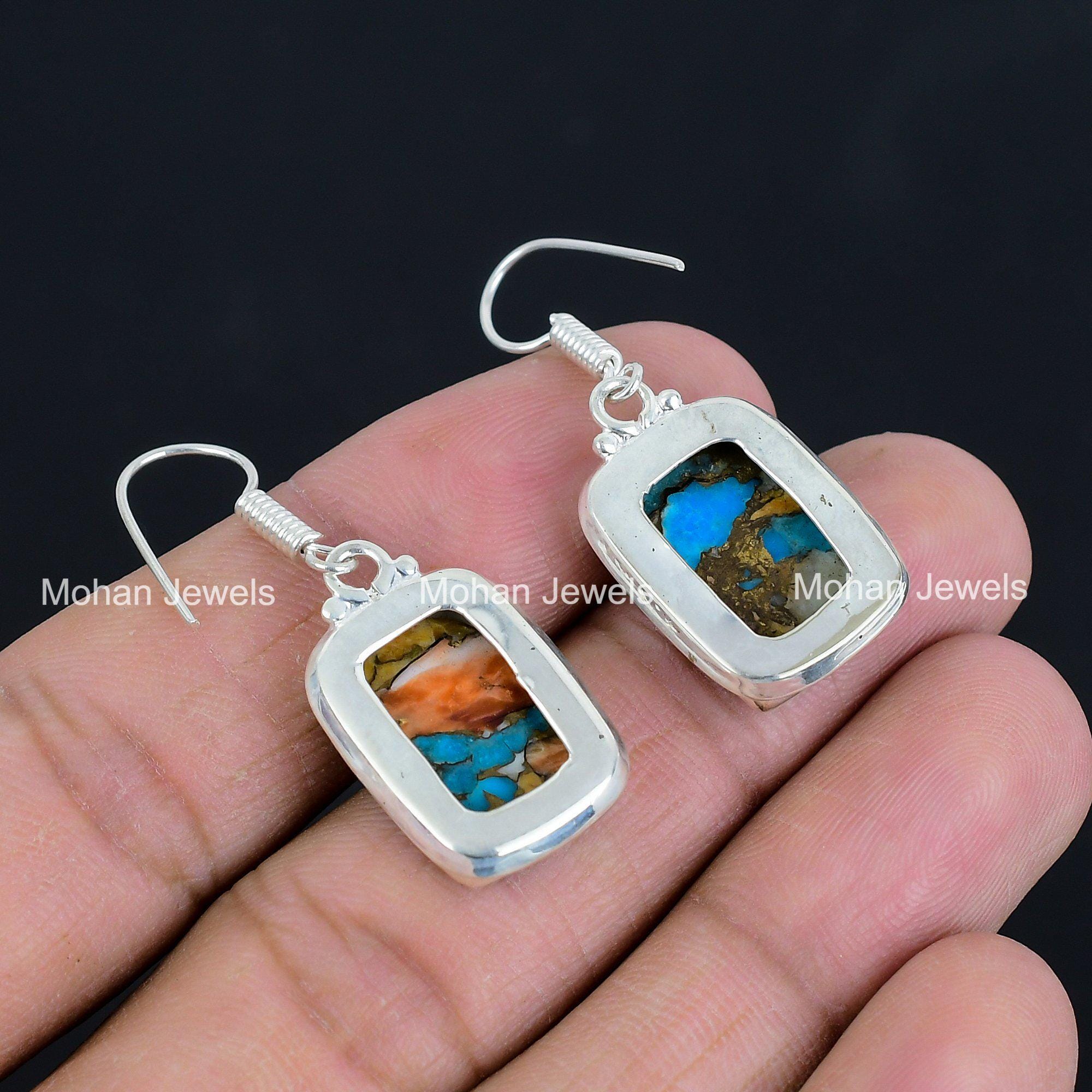 スパイニーオイスターターコイズシルバーメッキダングルイヤリング