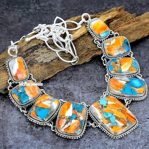 Turquoise Necklace, Spiny Oyster Turquoise Silver Plated Necklace, Designer Necklace, Statement Jewelry, Chunky Necklace, Gift For Her