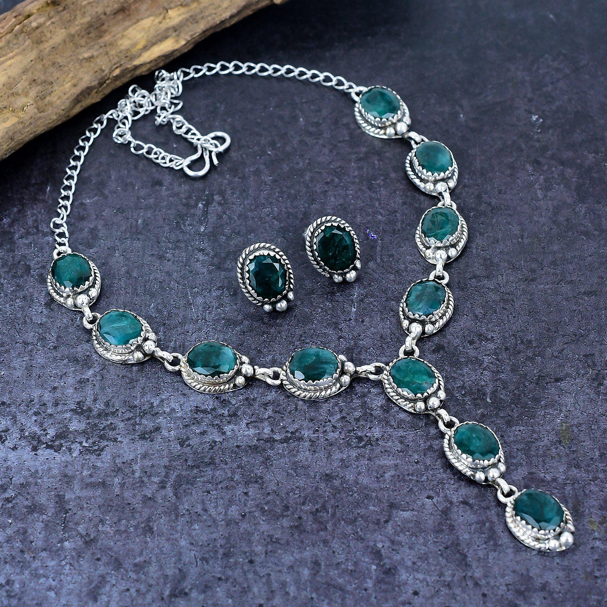 mohanjewels Emerald Necklace and Earrings Set : Handmade Birthstone Jewelry, image size:2000x2000