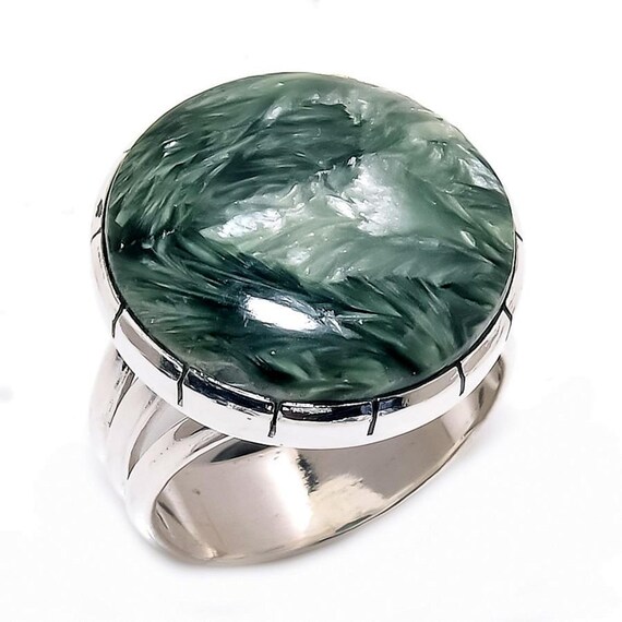 Bague seraphinite bague plaquee argent avec pierres precieuses seraphinite naturelles grande bague ronde decorative bague boheme empilable faite main cadeau d anniversaire Etsy France