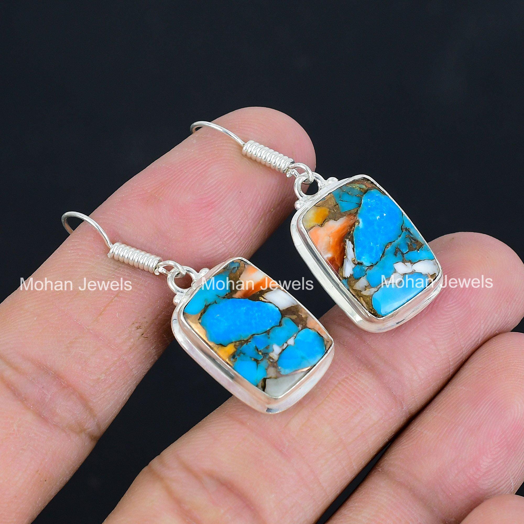 スパイニーオイスターターコイズシルバーメッキダングルイヤリング