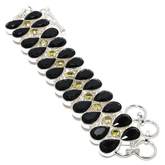 Faceted Black Onyx Citrine Gemstone Silver Plated Bracelet, Statement  Jewelry, Fashion Bracelet for Women, Adjustable Bracelet