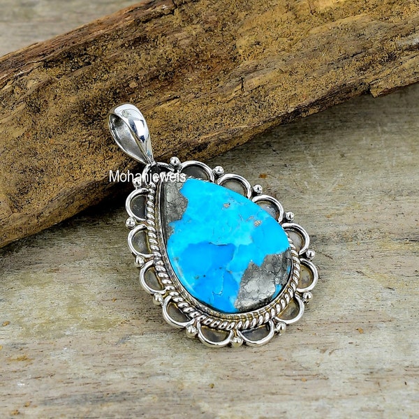 Copper Turquoise Pendant - Blue Turquoise Silver Plated Pendant Necklace - Birthstone Jewelry - Healing Crystal - Fashion Pendant