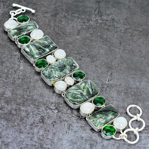 Green Seraphinite Gemstone Bracelet, Rainbow Moonstone & Chrome Diopside Silver Plated Adjustable Jewelry, Antique Bracelet For Women