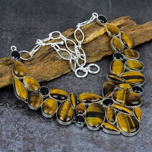 Tiger&#39;s Eye Necklace, Tiger Eye & Black Onyx Silver Plated Necklace, Handmade Necklace, Healing Crystal, Vintage Jewelry, Anniversary Gift