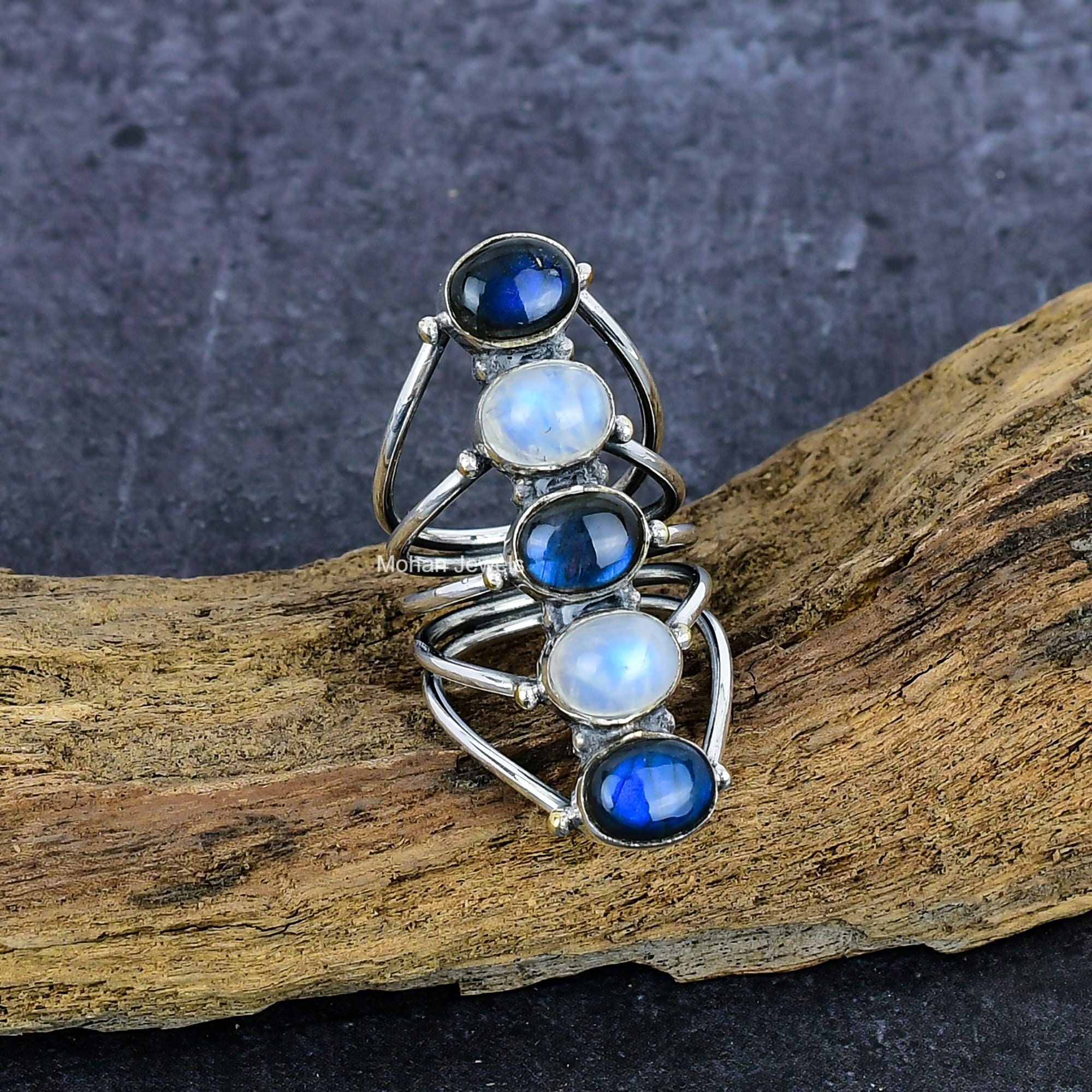 Bague Bohème En Argent Plaqué 925 Avec Labradorite Naturelle - Taille 6 - Fait Main En Inde - Neuf