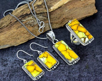 Honey Dahlia Turquoise Rectangle Bar Silver Jewelry Set, Yellow Rose Turquoise Pendant Ring & Earring Complete Set For Wedding Gift For Her