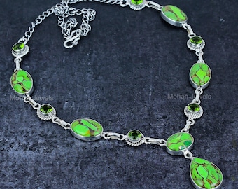 Copper Green Turquoise Necklace, Silver Plated Green Stone Jewelry