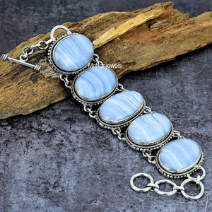Blue Lace Agate Bracelet - Blue Lace Agate Silver Plated Bracelet - Oval Blue Crystal - Fashion Jewelry - Women&#39;s Bracelet For Wedding Gift