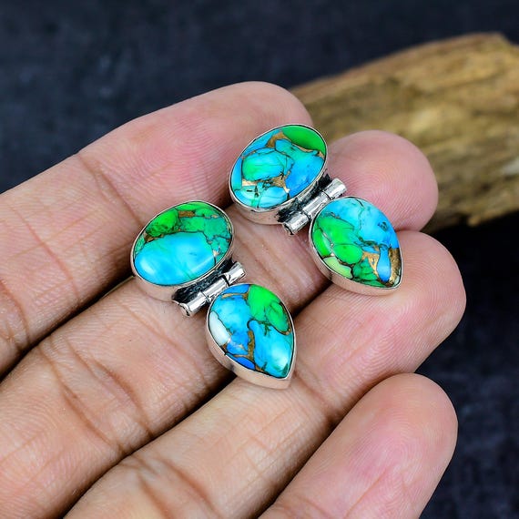Kingman Turquoise Silver Earrings: Peacock Dahlia Gemstone