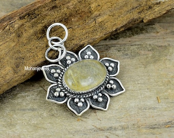 Ciondolo a forma di fiore in quarzo rutilato dorato: gioielli con pietre preziose placcate in argento