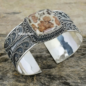Spessartine Garnet In Limestone Bracelet - Spessartine Garnet In Limestone Crystal Silver Plated Cuff Bracelet - Handmade Cuff Bracelet Gift
