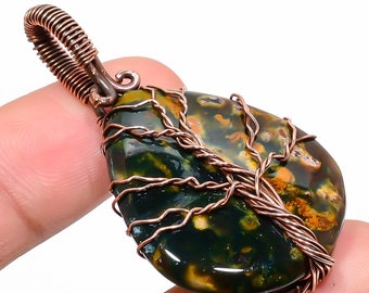 Tree Of Life Ocean Jasper Pendant: Handmade Copper Wire Wrapped Jewelry