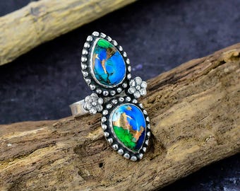 Peacock Green Turquoise Ring: Silver Plated Adjustable Boho Jewelry