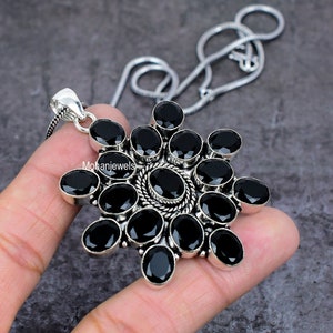 Black Onyx Pendant Onyx Gemstone Silver Plated Floral Pendant Stackable Designer Jewelry Vintage Jewelry Pendant For Wedding Gift For Her