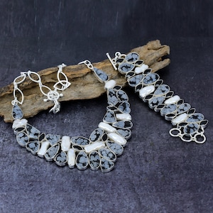 Snowflake Obsidian Gemstone Necklace Bracelet, Biwa Pearl Jewelry Set , Bohemian Jewelry, Black Stone Jewelry, Gift For Wife