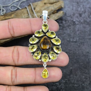 Handmade Tigers Eye Citrine Silver Plated Floral Pendant Necklace