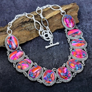 Pink Dahlia Turquoise Vintage Silver Necklace, Multicolor Turquoise Gemstone Statement Necklace, Crafted Artisan Jewelry Gift for Her