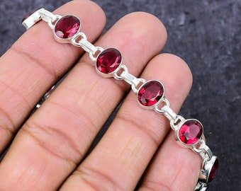 Tourmaline Bracelet, Pink Rubelite Tourmaline silver Bracelet, 8*10 Oval Handmade Adjustable Link Bracelet, Women Dainty Jewelry