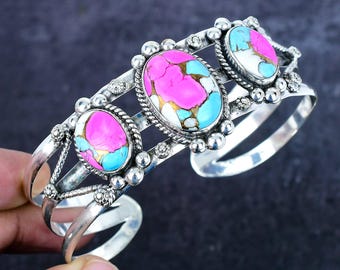 Turquoise manchetarmband: verzilverde vintage armband, veelkleurige edelsteensieraden