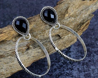 Black Spinel Drop Hoop Earrings, Silver Plated Twisted Wire Vintage Style Jewelry