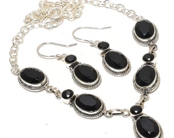 Black Onyx Gemstone Necklace and Earrings Set: Handmade Jewelry