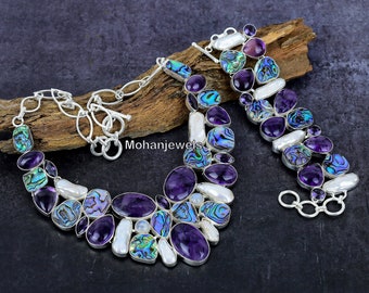 Amethyst Abalone Muschel Perle Multi Stein, Chevron Amethyst Halskette Armband Schmuckset, Cluster Halskette, Meditation Schmuck Geschenk für sie