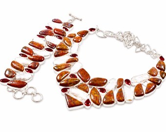Moroccan Agate Biwa Pearl Necklace & Bracelet Jewelry Set: Anniversary Gift