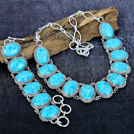 Kingman Turquoise Necklace Bracelet Set: Vintage Silver Jewelry