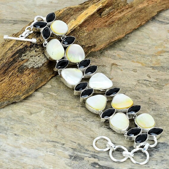 Mother of Pearl & Black Onyx Gemstone Bracelet, Silver