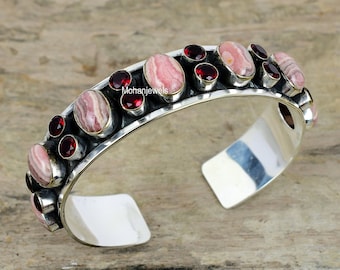 Rhodochrosite & Garnet Cuff Bracelet, Gemstone Silver Plated Bracelet, Statement Bangle, Gemstone Cuff, Handmade Cuff Jewelry, Gift For Mom