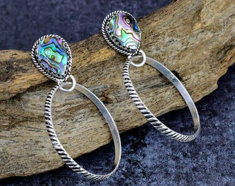 Abalone Earrings, Silver Plated Twisted Wire Statement Boho Beach Jewelry Gift for Her