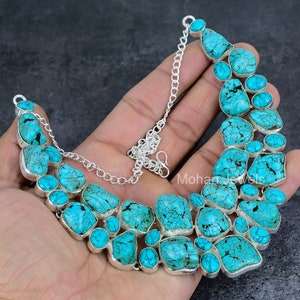 Tibetan Turquoise Gemstone Silver Necklace, Natural Turquoise Bohemian Jewelry, Rough Turquoise Nugget Stone, Unique Gift For Every Occasion