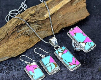Conjunto de joyas de turquesa, dalia de algodón de azúcar, barra rectangular de turquesa, joyería de plata, colgante de turquesa azul y rosa, anillo y pendientes, conjunto completo