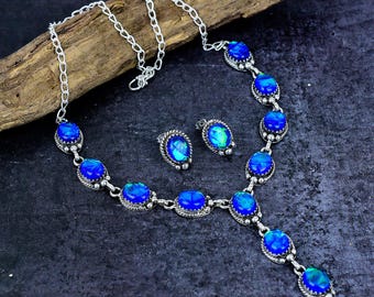Australian Triplet Opal Necklace Earring Set : Silver Plated Blue Gemstone Jewelry