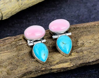Pink Conch & Kingman Turquoise Stud Earrings: Silver Plated Gemstone Jewelry