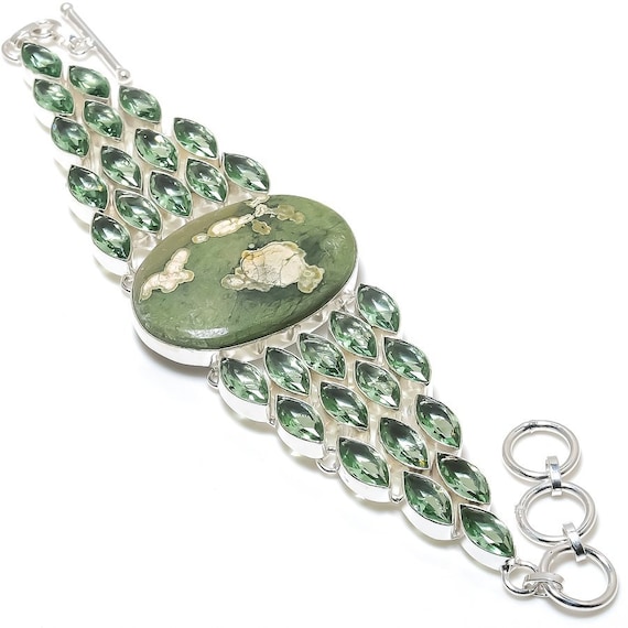 Rhyolite Jasper & Green Amethyst Silver Plated Bracelet: Bohemian Jewelry