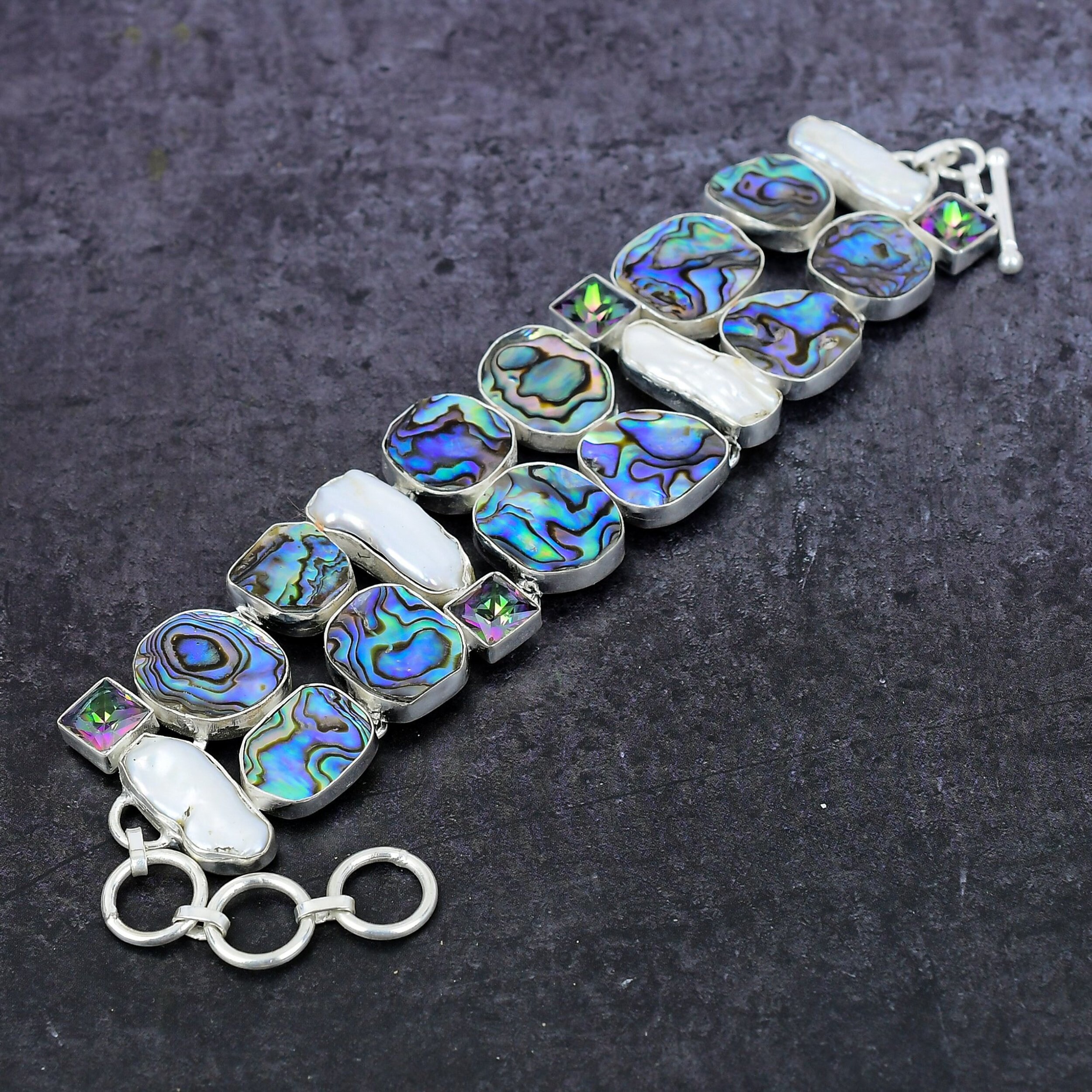 Abalone Shell Bracelet, Biwa Pearl & Topaz Gemstone Silver