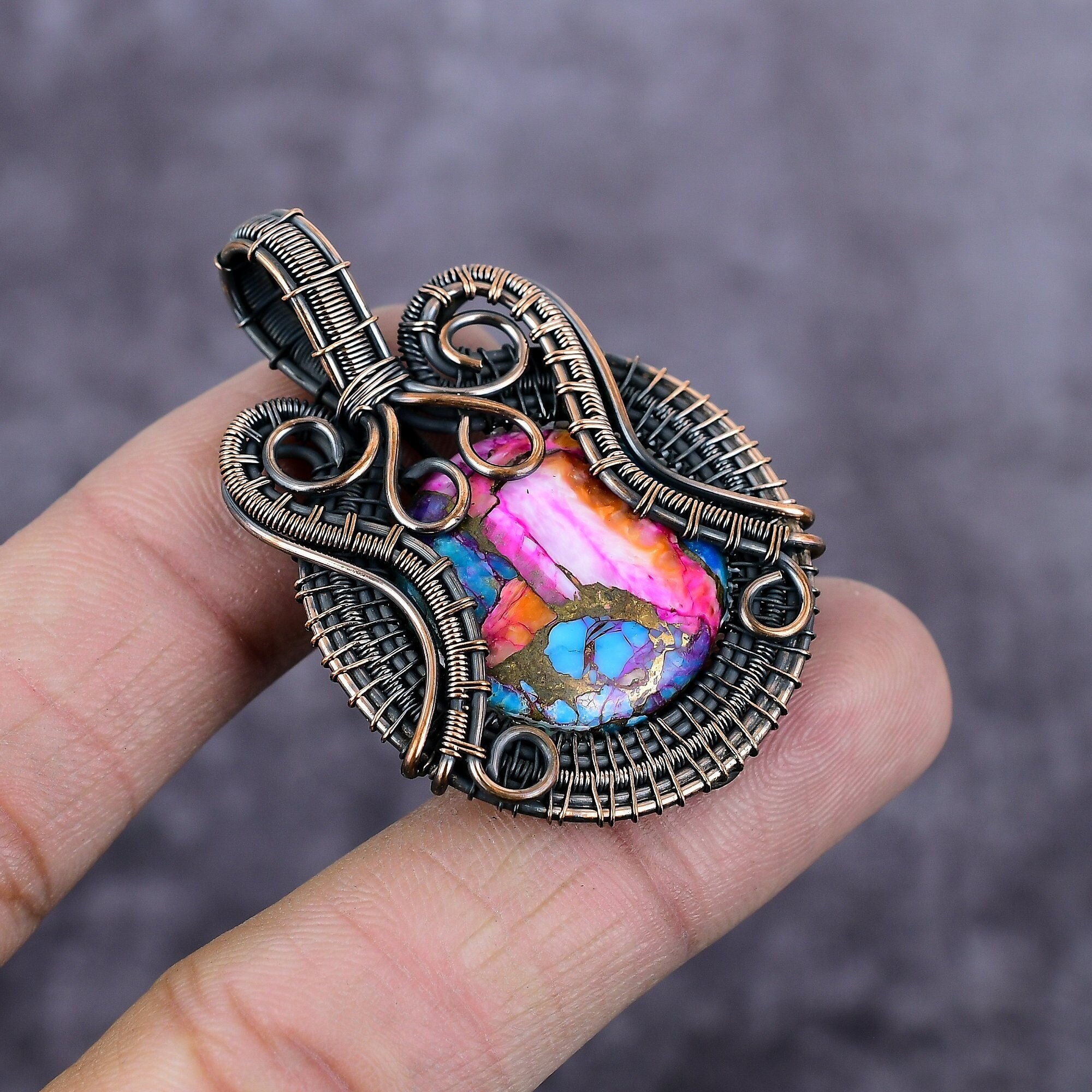 Wire Wrapped Turquoise Pendant, Natural Pink Dahlia Turquoise