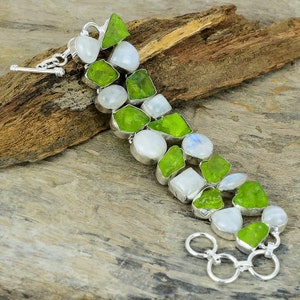 Rainbow Moonstone Bracelet, Raw Peridot Gemstone Bracelet, Silver Plated Artisan Jewelry, Statement Bracelet, Gift for Wife