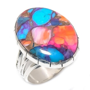 Oyster Turquoise Ring, Natural Copper Turquoise Gemstone Silver Plated Ring, Handmade Big Oval Ring, Multicolor Turquoise Ring, Wedding Ring
