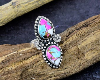 Cotton Candy Turquoise Ring: Silver Plated Floral Boho Ring, Multi Color Gemstone Jewelry Gift for Her